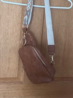 Moda Luxe Brown Leather Crossbody Sling Bag with Patterned Strap